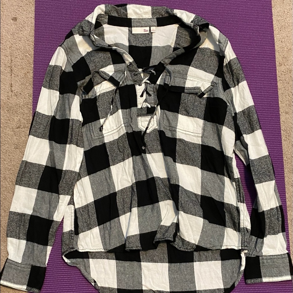 Black and White Plaid Tie Front Top- L
